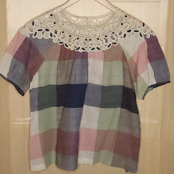 Mystree Womens NWOT Cotton Blend Plaid Crochet Detail Top Medium - Picture 1 of 8